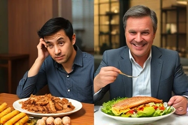 Confidently choosing healthy options at a company dinner for weight management.