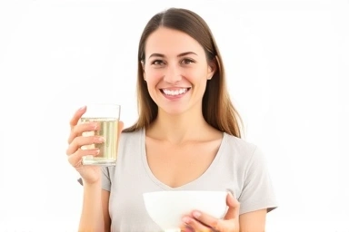 Healthy woman enjoying diet with water and oatmeal