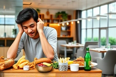 Dieting person transforming from stressed to happy with healthy food.