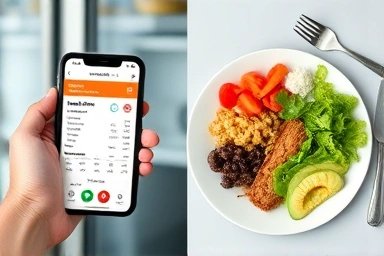 Diet app nutrition data alongside a balanced healthy meal.
