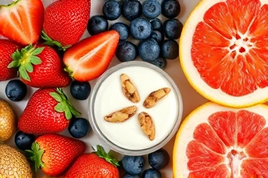 Balanced diet snack with fruits, nuts, and yogurt