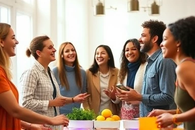 People connecting and laughing happily in a bright, positive environment.