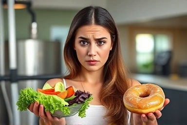 Woman stressed about diet choices, balancing healthy food and cravings.