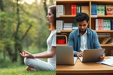 Contrast of peaceful meditation versus stressful unhealthy lifestyle.