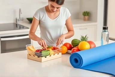 Healthy kitchen counter with food and fitness items