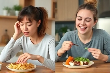 Contrast between unhealthy snacking and healthy eating