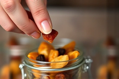 Hand selecting dried fruit, mindful eating, portion control snack.