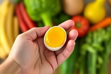 Person holding boiled egg with fresh produce