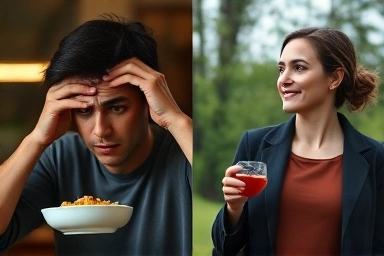 Stressed person eating vs. healthy person with gut-brain connection