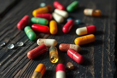Expired supplement capsules scattered on aged wood, showing decay.