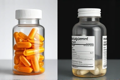 Fresh versus expired supplement bottles, symbolizing spoilage.