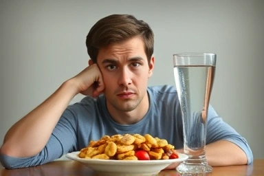 Confused person choosing between snack and water for hunger.