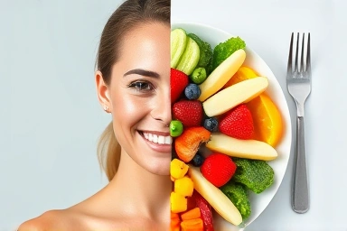 Healthy person and vibrant food symbolizing fasting and detox benefits.