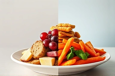 Split image comparing dull food to vibrant, nutrient-rich food.