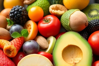 Artful arrangement of colorful fruits, vegetables, and healthy fats.