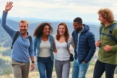 Friends hiking together, encouraging each other