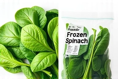 Fresh vs. frozen spinach, highlighting nutritional value.