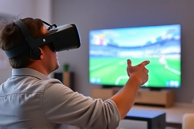 Person playing an immersive VR sports game at home.