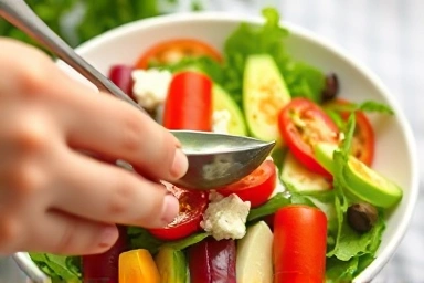 Preparing a healthy Greek yogurt salad with fresh vegetables