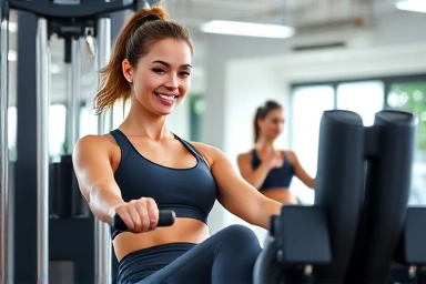 Woman using leg press machine at the gym, focusing on form.