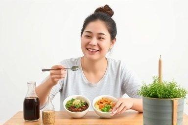 Person enjoying a balanced, healthy meal with a smile.