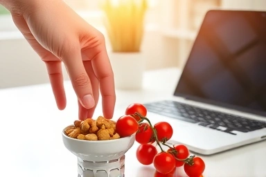 Healthy snacks: nuts and cherry tomatoes on a desk.
