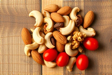 Assortment of healthy nuts, tomatoes, and seeds.