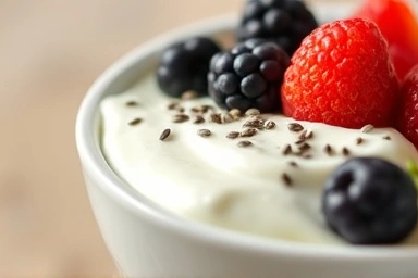 Satisfying Greek yogurt bowl with berries and seeds for a filling snack.
