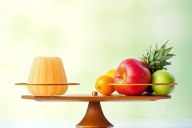 Symbolic scale balancing konjac jelly with healthy foods.