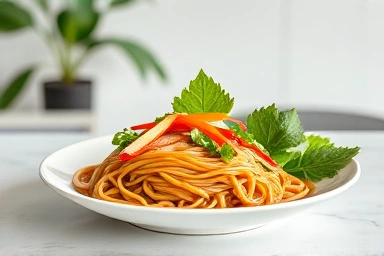 Healthy konjac noodle dish with fresh vegetables and protein.