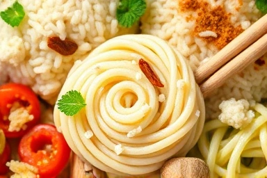 Appetizing konjac rice and pasta dishes, highlighting texture and color.