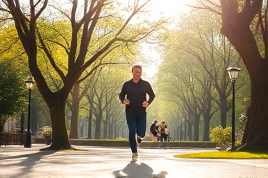 Person walking energetically in a sunny park, symbolizing increased daily activity.