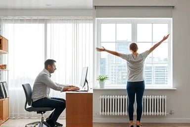 Desk worker transitioning from sitting to standing and stretching.