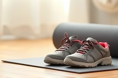 Comfortable shoes and yoga mat ready for a light workout.