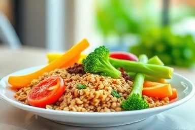 Healthy plate with whole grains, vegetables, and protein.