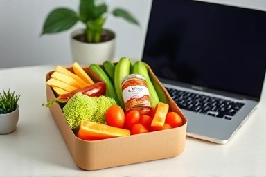 Healthy lunchbox on office desk, fueling productivity.