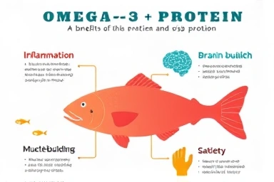Symbolic representation of fish benefits: omega-3, protein, health.
