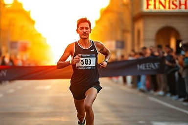 Runner celebrating marathon finish line, feeling of accomplishment