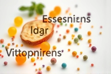 Vitamins and minerals represented as glowing orbs, symbolizing nutrient-rich foods.