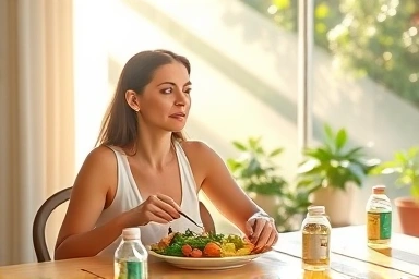 Woman mindfully eating healthy food with appreciation