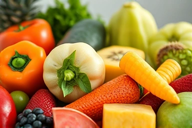 Vibrant fresh fruits and vegetables artfully arranged