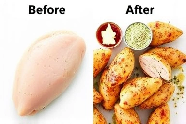 Transformation of bland chicken breast into a delicious meal.