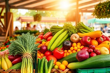 Fresh organic produce at a bustling farmers market.