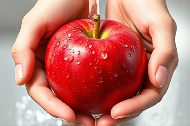 Washing fresh organic apple under clean running water.