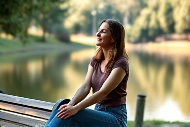 Woman finding peace and self-acceptance by a lake.