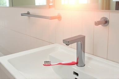 Fresh bathroom sink with toothbrush and toothpaste.