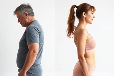 Before and after posture correction, body fat reduction comparison