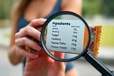 Hand holding protein bar with magnifying glass over ingredients