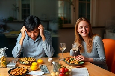Energized person enjoying balanced meal vs. stressed person with unhealthy snacks.
