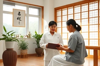 Korean medicine doctor consulting patient on health and diet.